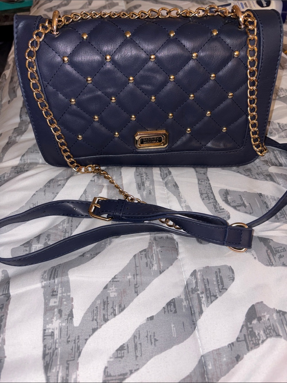 Badgley Mischka Navy Quilted Crossbody with Gold Chain